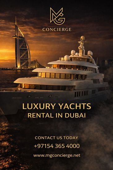 Luxury yacht rental in Dubai with stunning sunset and iconic Burj Al Arab backdrop.