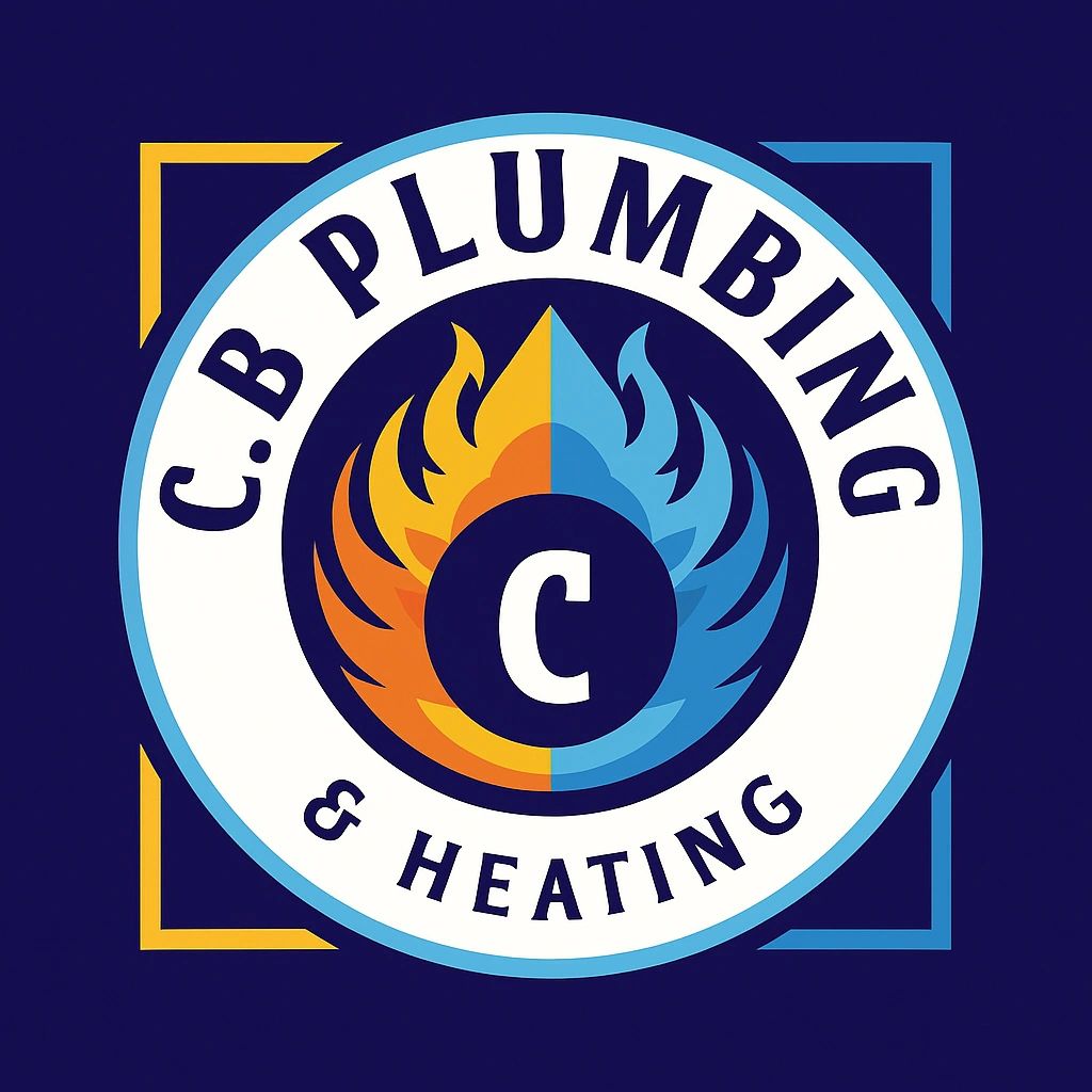 Logo for C.B Plumbing & Heating with blue and orange flame design.