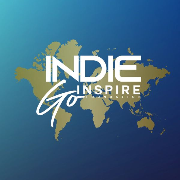 Logo with 'INDIE Go INSPIRE FOUNDATION' over a world map background.