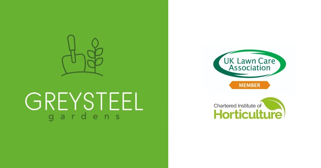 Greysteel Gardens logo with UK Lawn Care Association and Horticulture Institute memberships.