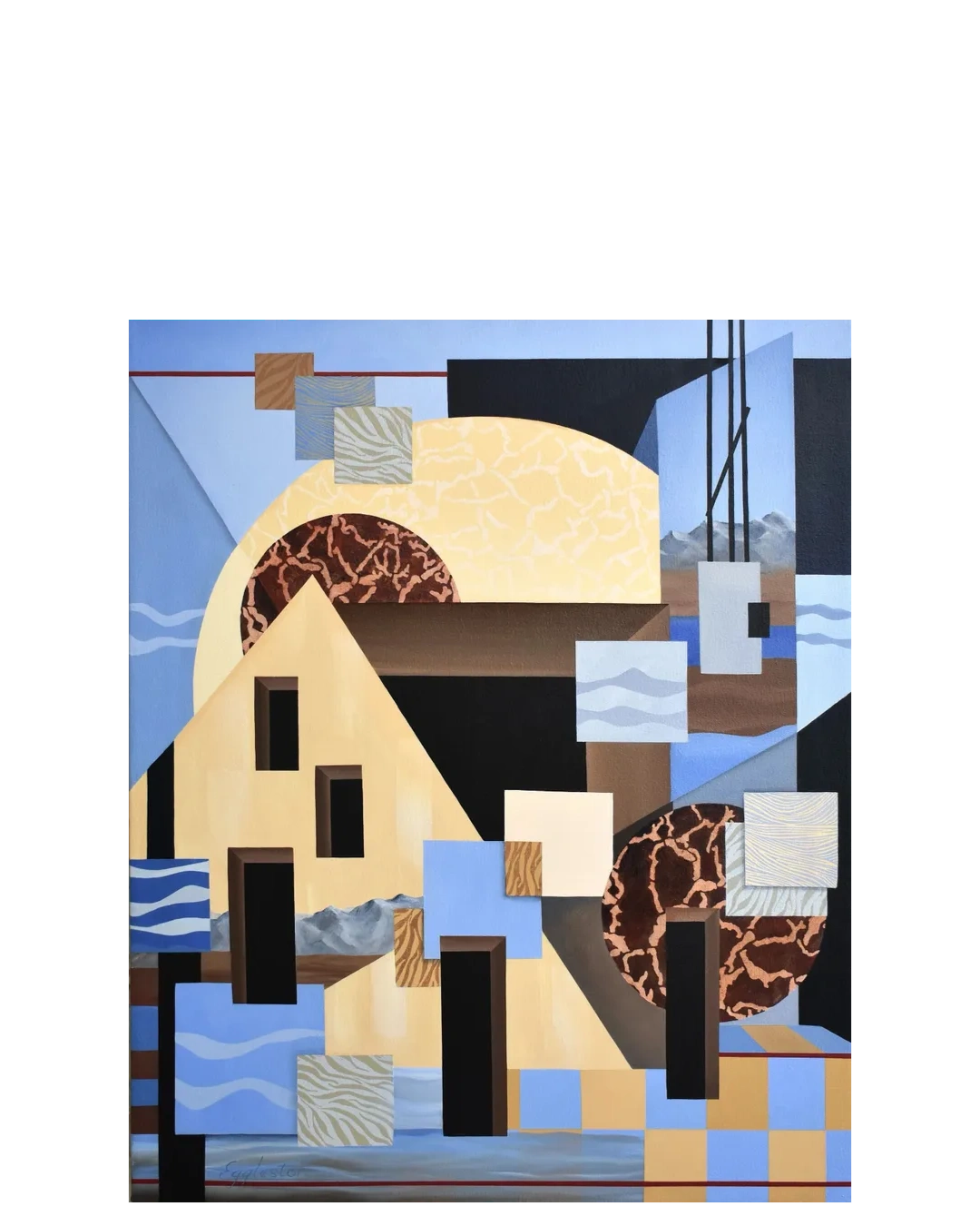 Geometric Surreal landscape painting
Hardedge straight lines & angles
Stable but fractured feeling