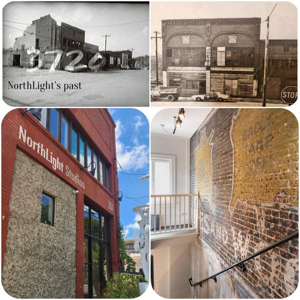 Collage of historic images and new photos of NorthLight Studios in Asheville showing the character o
