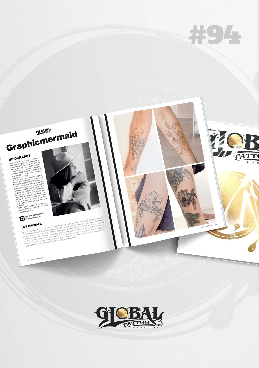 Revista Global Tattoo mostrando perfil de artista con tatuajes.