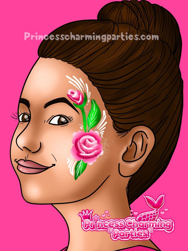 Rose flower face paint cheek art design by Princess Charming Parties in Miami Florida