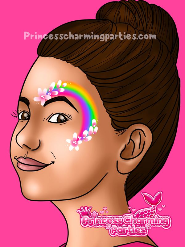 Easy rainbow face paint design on one eye with flowers made by Princess Charming Parties