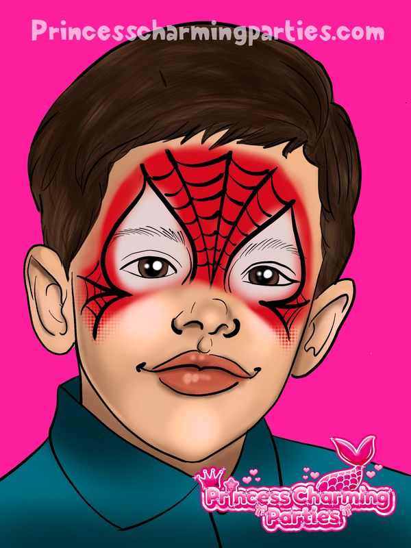 Spider-Man face paint design on a boy by Princess Charming Parties