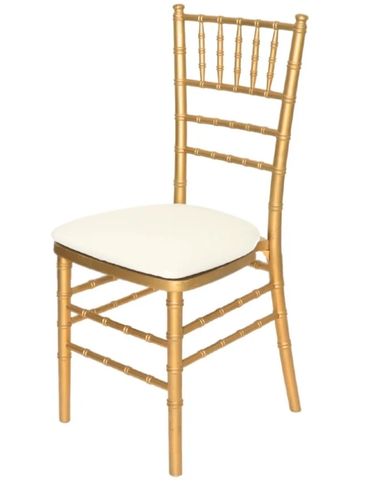 Elegant gold chair with white cushion seat.