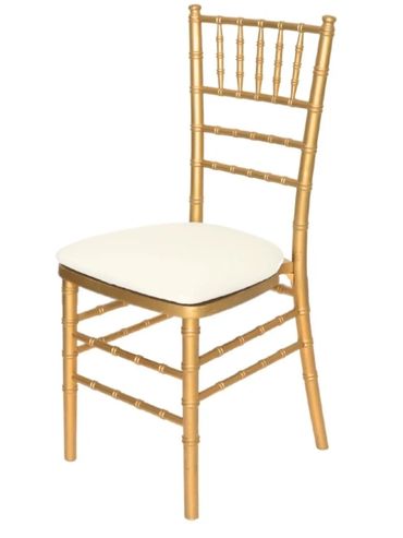 Elegant gold chair with white cushion seat.