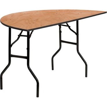 Semi-circular wooden folding table with black metal legs.