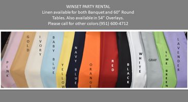 Colorful linen options for party rentals including gold, ivory, navy, red, and lavender.
