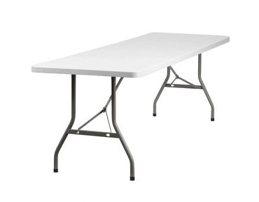 A white folding table with metal legs.