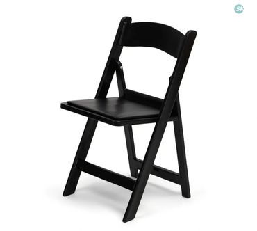 Black folding chair with a padded seat and backrest.