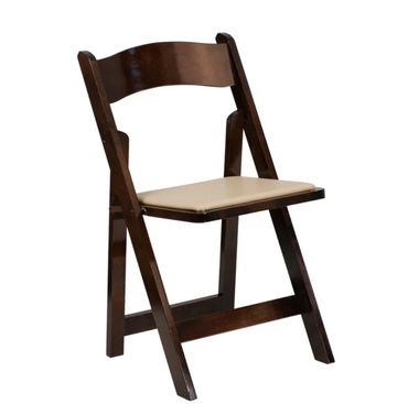 Dark wooden folding chair with beige cushioned seat.