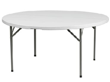Round white folding table with metal legs.