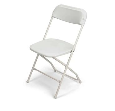 A simple white folding chair with metal frame and plastic seat and backrest.