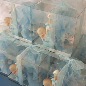 PVC display boxes and ribbons for Christening bomboniere almond favours