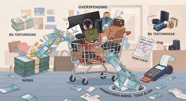 Illustration of overspending with money flowing and maxed-out payments.