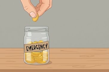Hand putting a coin in an emergency fund jar.