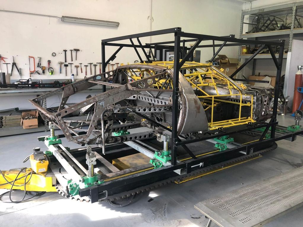Lamborghini Miura chassis under restoration at Cairati.