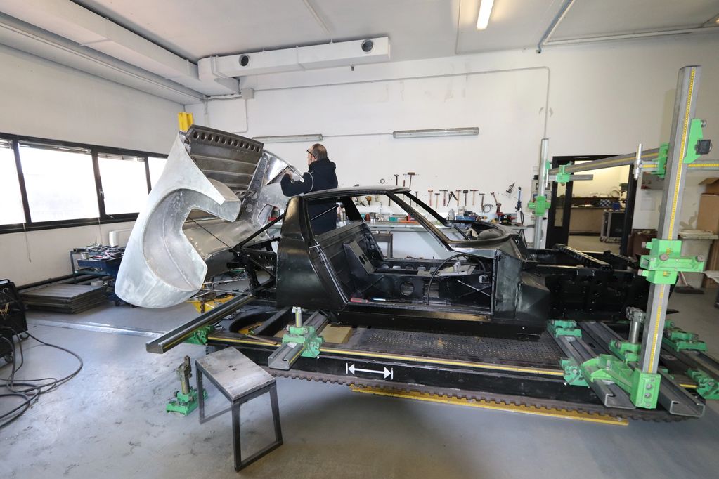 Lamborghini Miura chassis under restoration at Cairati.