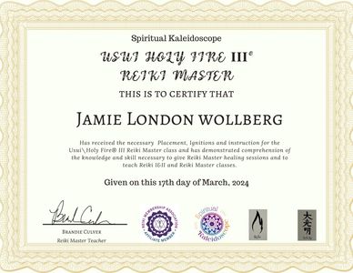 Jamie London Wollberg USUI Holy Fire III Master Reiki Practitioner & Teaching certification