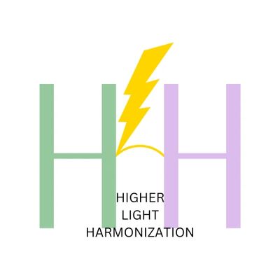 HLH Logo Higher Light Harmonization, 2 H's Green/Purple bridged by thinderbolt L, Black text center