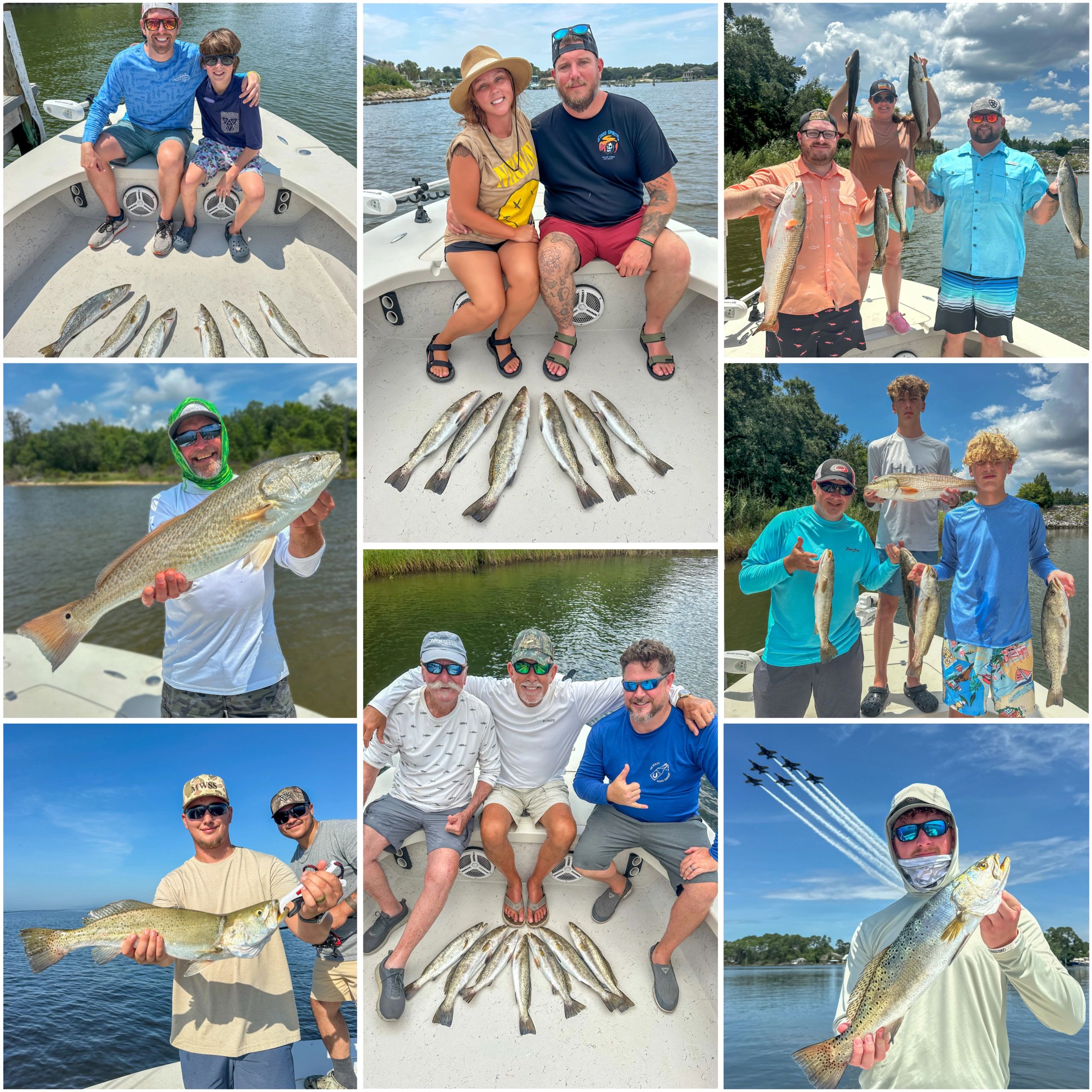 Groups of fishermen proudly displaying their catches on boats under sunny skies.