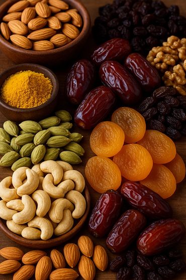 A variety of nuts, dried fruits, and spices arranged on a wooden surface.
