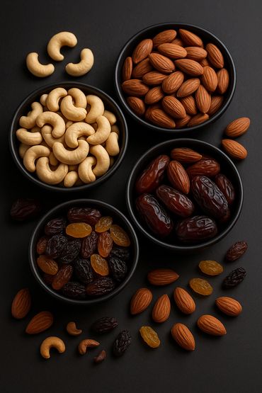 Bowls filled with cashews, almonds, dates, and raisins on a dark surface.