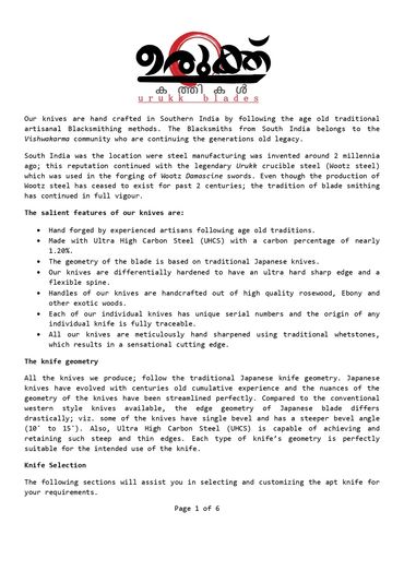 Document detailing handcrafted knives from Southern India using traditional blacksmithing and Japanese knife geometry.