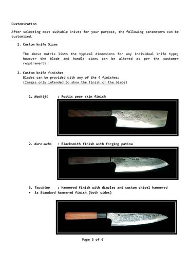 Custom knife finishes including Nashiji, Kuro-uchi, and Tsuchime with detailed blade images.