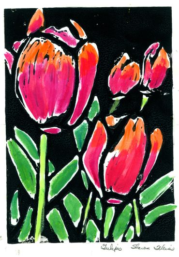 Pink tulips in 7" x 5" hand colored linocut