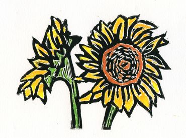 Sunflowers in 5" x 7" hand colored linocut