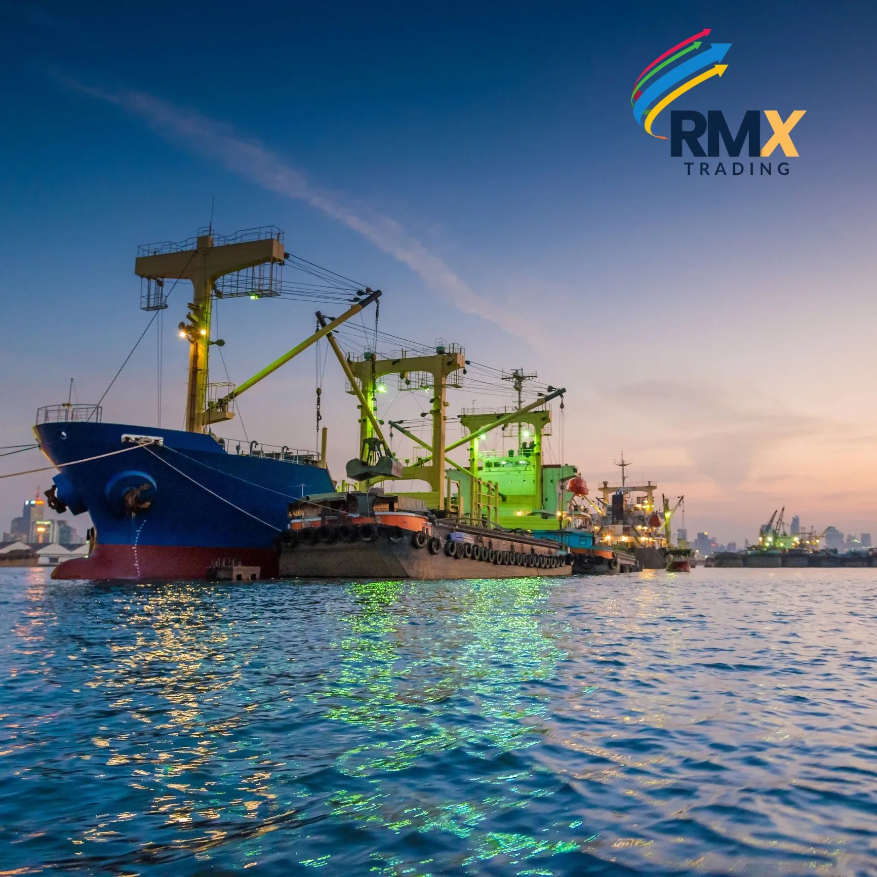 Cargo ships docked at a harbor during twilight with RMX Trading logo.