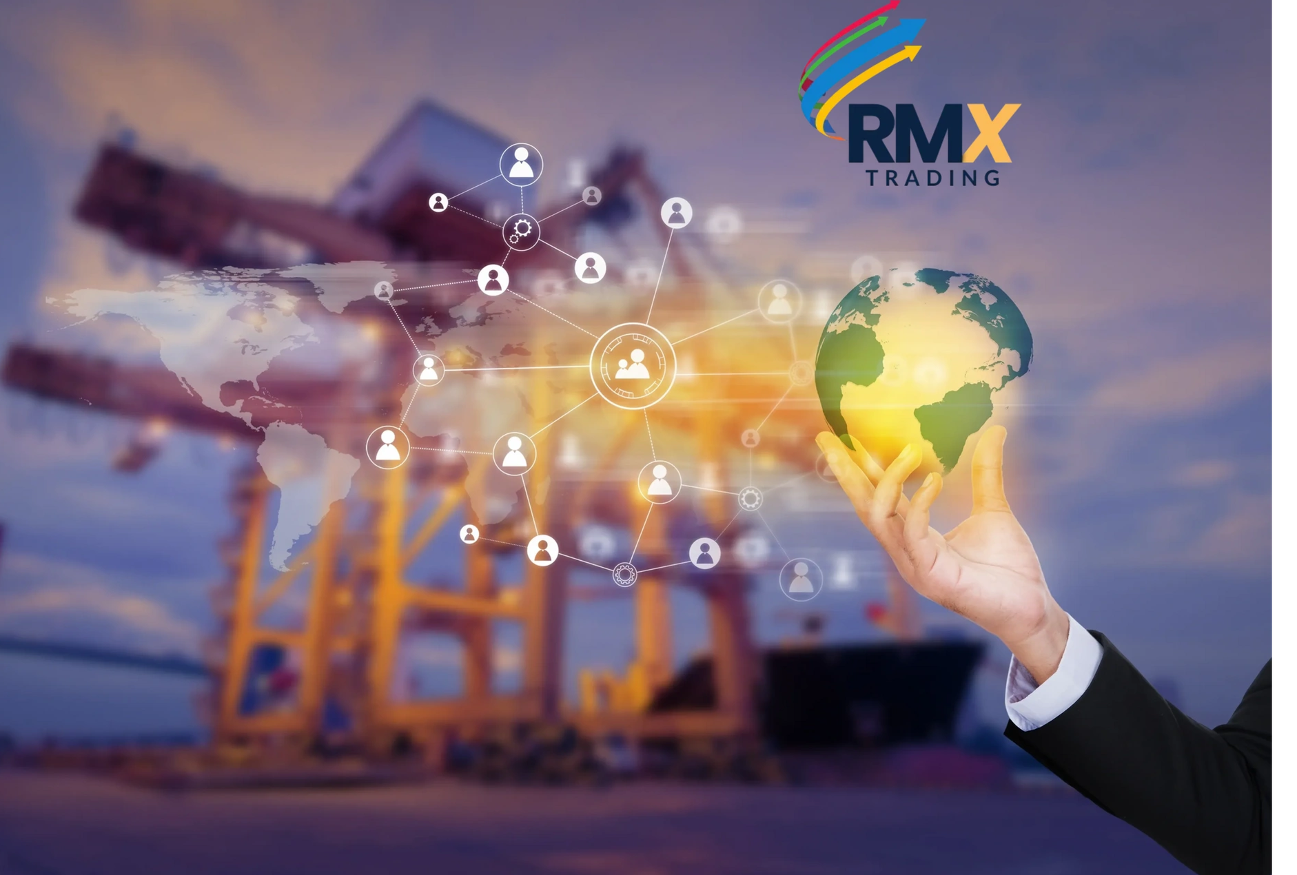 Hand holding a glowing globe with international trading network and port background.