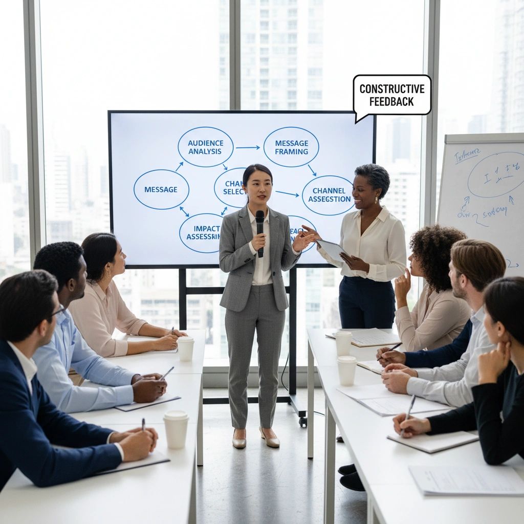 A businesswoman receives constructive feedback during a presentation in a modern office.