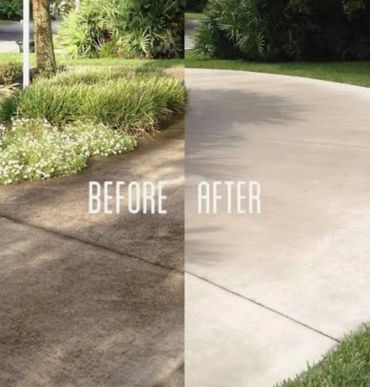 Driveway before and after cleaning, showing a stark contrast.