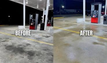 Before and after cleaning of a gas station pavement under night lighting.