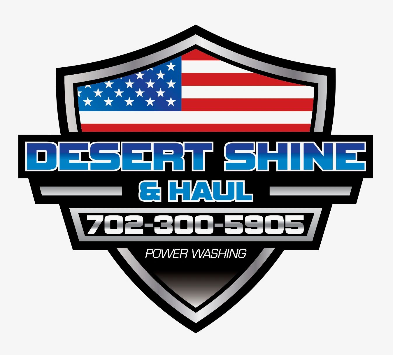 Logo for Desert Shine & Haul power washing with American flag and contact number.