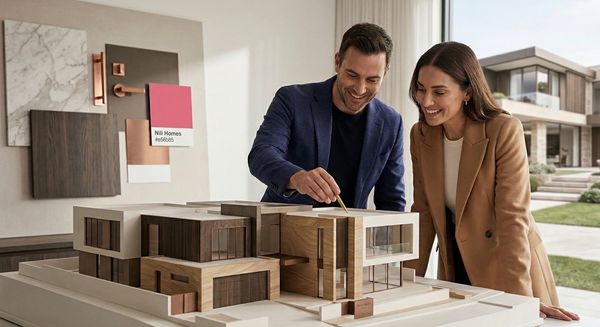 A man and woman examine a modern architectural house model indoors.
