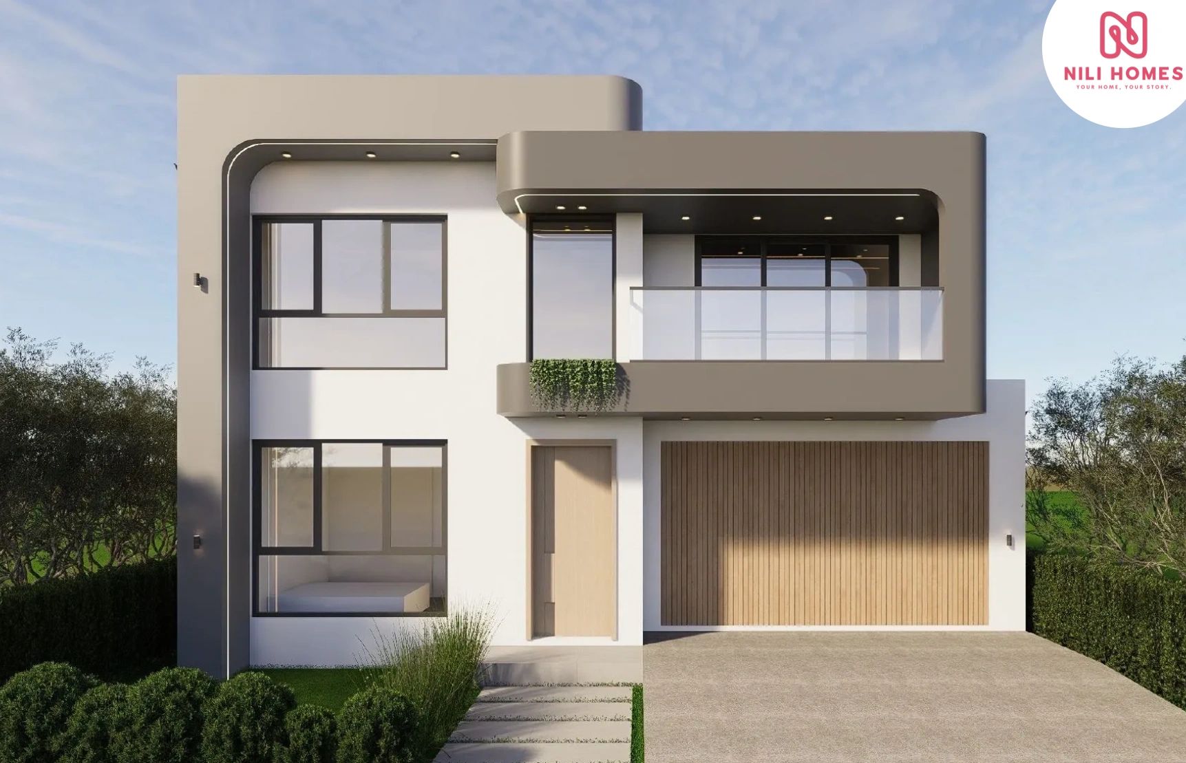 Modern two-story house with sleek design and large windows.