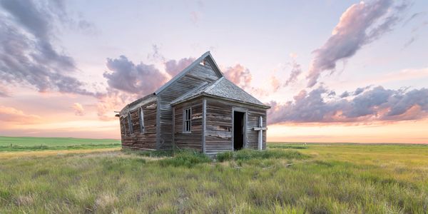 Abandoned Saskatchewan church titled Saskatchewan sunset.