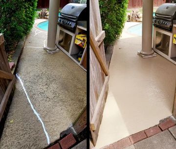 Pool patio before-and-after coating, cracked vs. smooth finish.