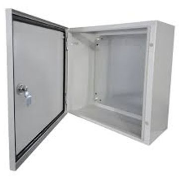 Open white metal security box with key lock.
