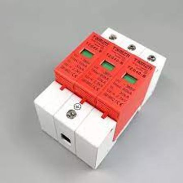 Three red and white electrical surge protectors mounted together.