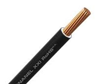 Black insulated copper electrical wire with multiple strands.