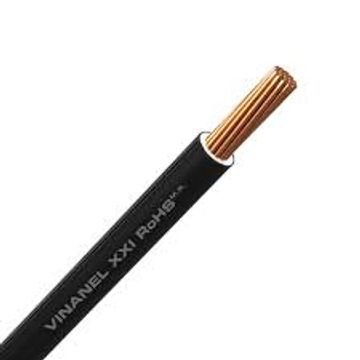 Black insulated copper electrical wire with multiple strands.