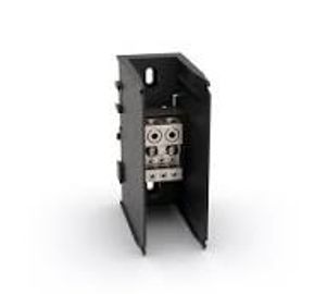 Black metal electrical enclosure with circuit breakers inside.