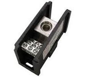 A black electrical terminal block with screws and a metal connector.