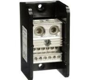 A black electrical terminal block with multiple connection points.